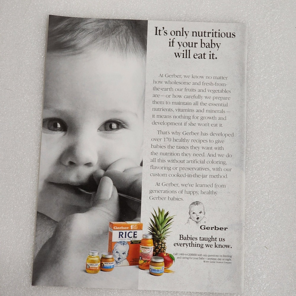 Vintage Print Ad Gerber smiling baby food rice pineapple clipping 8x10 1993
